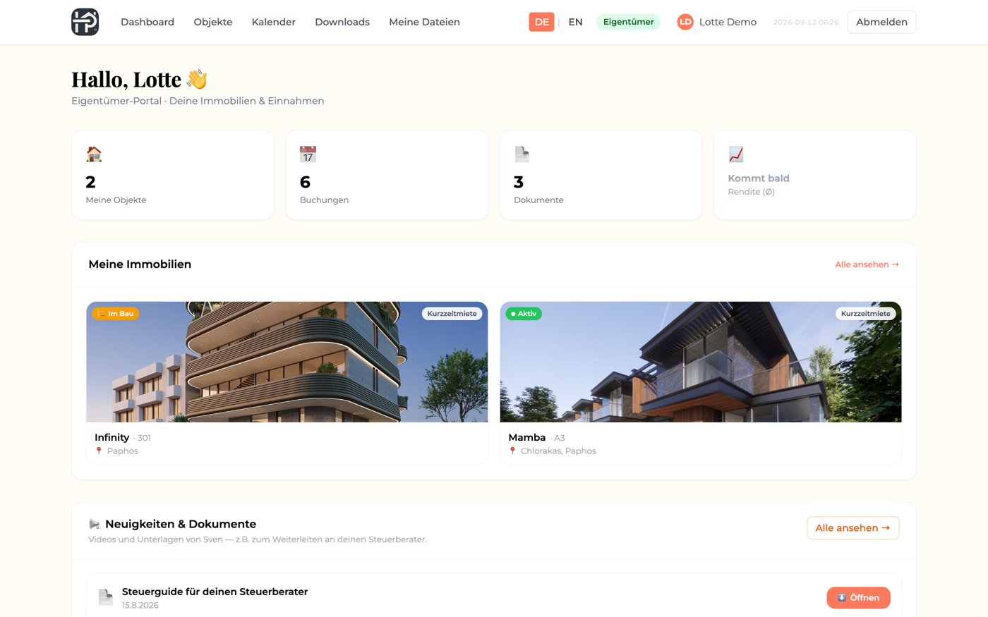 Happy Property App: Dashboard mit Immobilien, Buchungen und Dokumenten